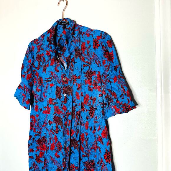 Derek Lam Blue & Red Floral Print Button Front A-Line Shirt Dress Size 4 - Picture 5 of 9